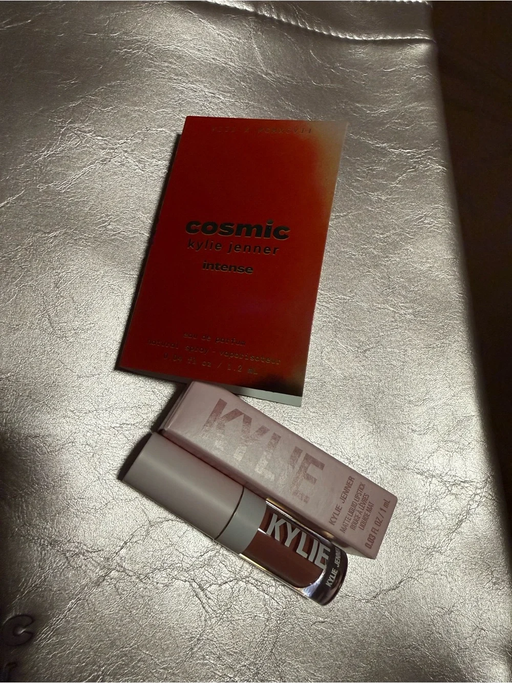 Kylie Cosmetics Metallic Pink Tote with Lipstick & glass water bottle